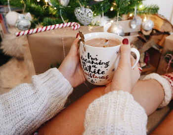 Midsection of woman holding christmas mug.