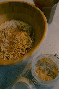 High angle view of soup in bowl on table