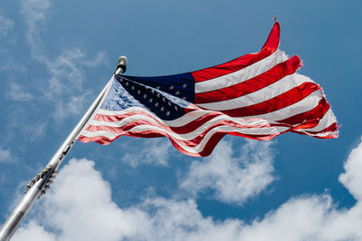 Low angle view of flag against sky