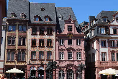 Low angle view of buildings against clear sky