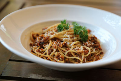 Close-up of noodles in bowl on table