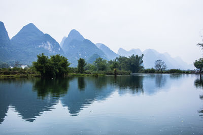 Scenic view of lake and mountains against clear sky