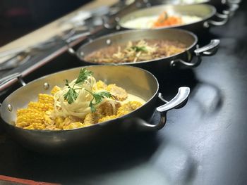 High angle view of meal served on table