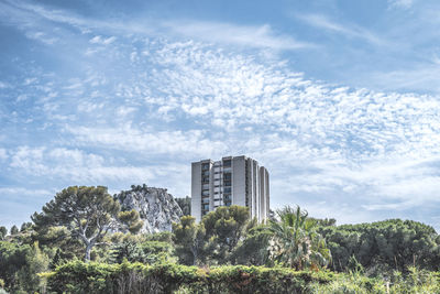 Plants growing by modern buildings against sky