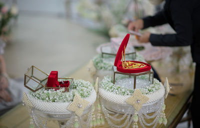 Close-up of christmas decorations on table