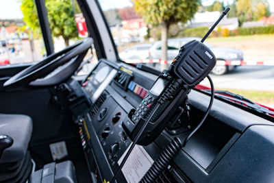 Close-up of walkie-talkie in fire engine