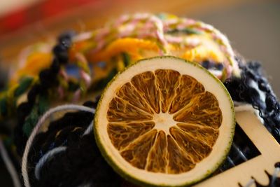 Close-up of fruits in plate on table