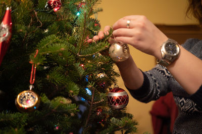 Midsection of woman holding christmas tree