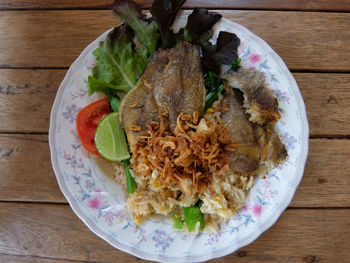 High angle view of meal served on table