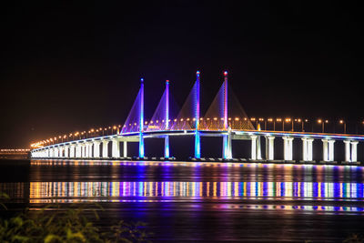 Illuminated bridge over river at night