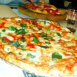 High angle view of pizza on table