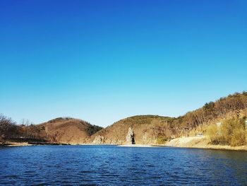 Scenic view of trees against clear blue sky