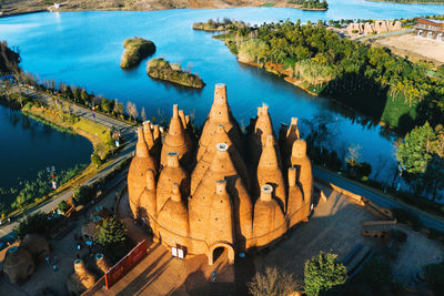 High angle view of boats in lake