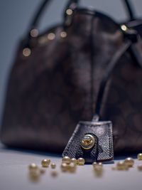 High angle view of coins on table