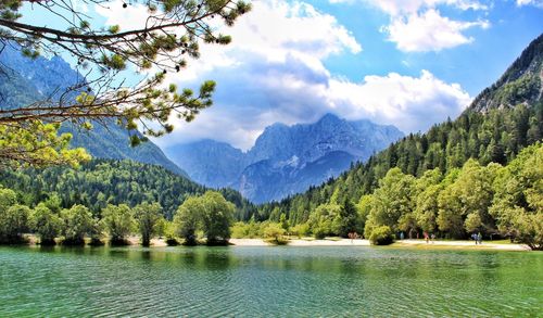 Scenic view of lake against cloudy sky