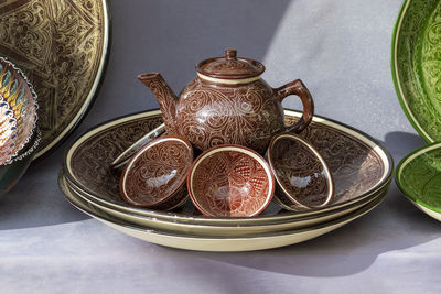 High angle view of tea cups on table