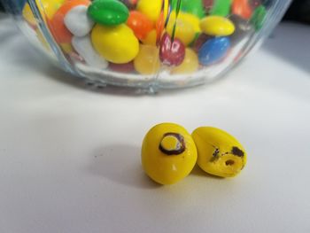 High angle view of multi colored candies in plate