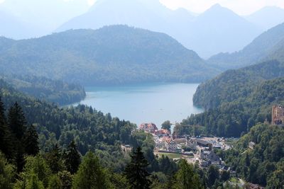 High angle view of trees and mountains