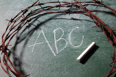 Close-up of rusty barbed wire with chalk on blackboard