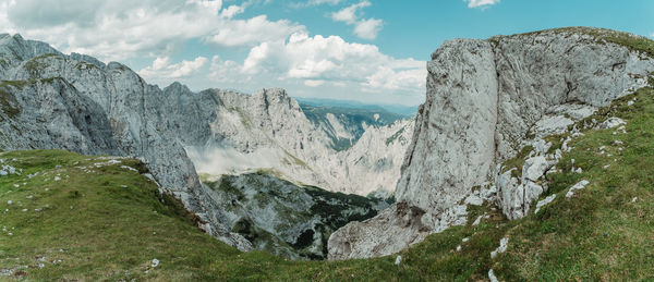 Panoramic view of rocky mountains against sky