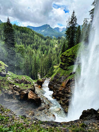 Scenic view of waterfall against sky