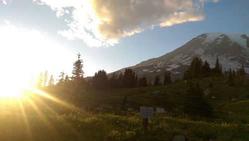 Scenic view of mountains against sky during sunset