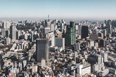 High angle view of modern buildings in city