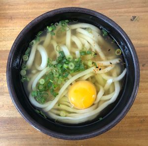 High angle view of soup in bowl