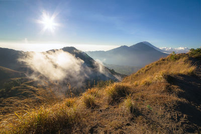 Panorama of batur tropical volcano at sunrise, bali island, indonesia