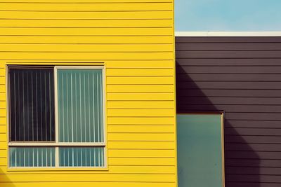 Windows on yellow and brown house