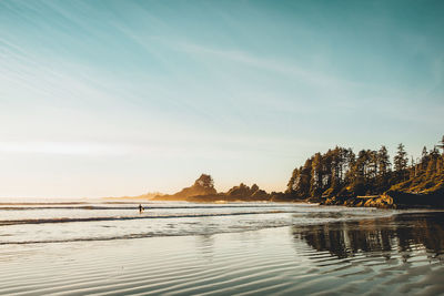 Scenic view of beach against sky during sunset