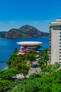 Scenic view of sea against clear blue sky