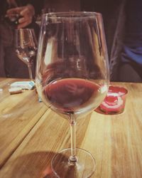 Close-up of wine glasses on table