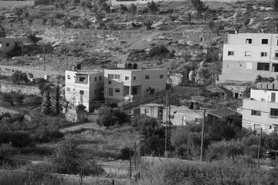 High angle view of buildings in town