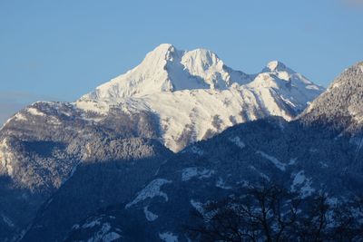 Low angle view of snowcapped mountains against clear sky