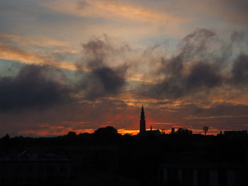 Silhouette of buildings against cloudy sky during sunset