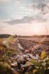 Surface level of land against sky during sunset