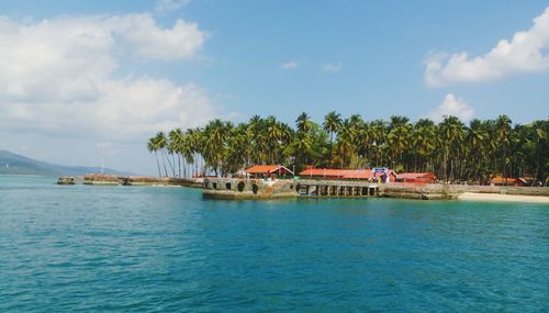 Scenic view of netaji subhash chandra bose island formerly known as ross island against sky