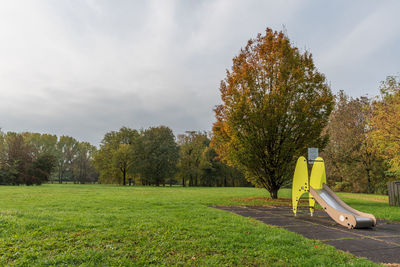 Trees on field against sky