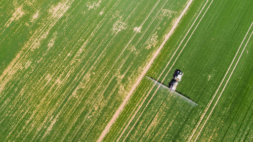 Aerial view of agricultural machinery in farm
