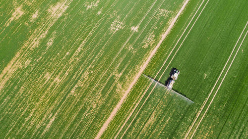 High angle view of man working on field