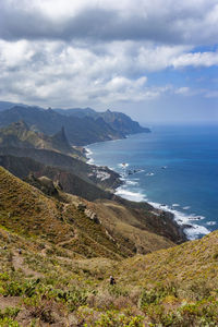 Scenic view of sea and mountains against sky