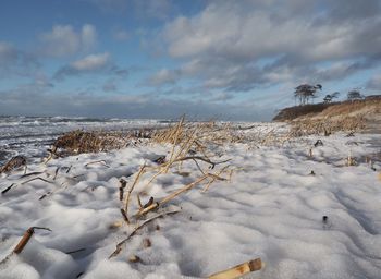 Snow covered land against sky