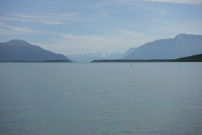 Scenic view of sea and mountains against sky