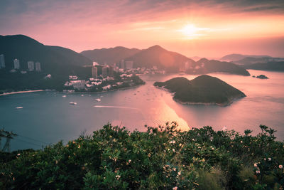 Overlooking view of middle islands in seaside seen form nam long shan in sunrise time