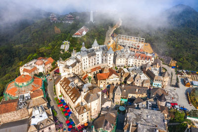 High angle view of buildings in town