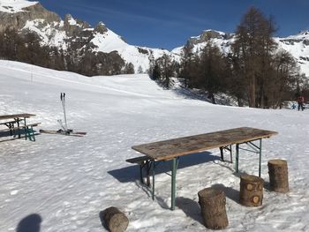 Scenic view of snow covered mountains during winter