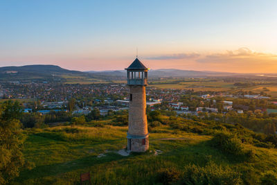 Beautiful aerial landscape about strazsa hill with lookout tower which is located near esztergom.