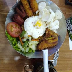High angle view of breakfast served on table