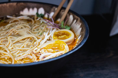 High angle view of soup in bowl on table